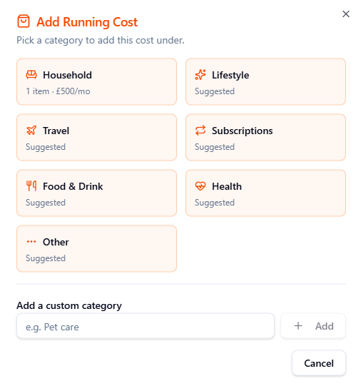 Add running cost categories